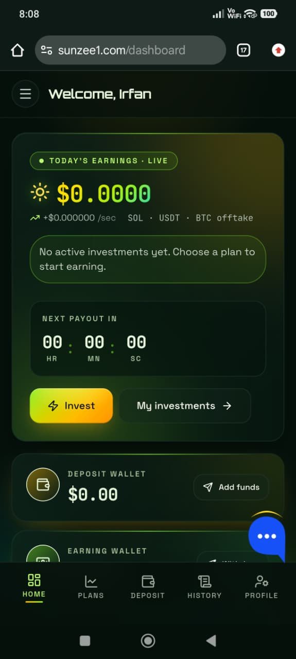 Sunzee1 account dashboard after login showing balance and live earnings