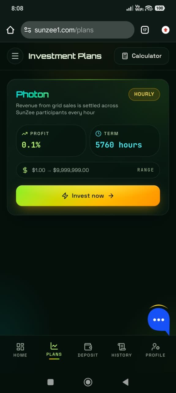 Sunzee1 Photon investment plan screen advertising 0.1% profit per hour for 5760 hours