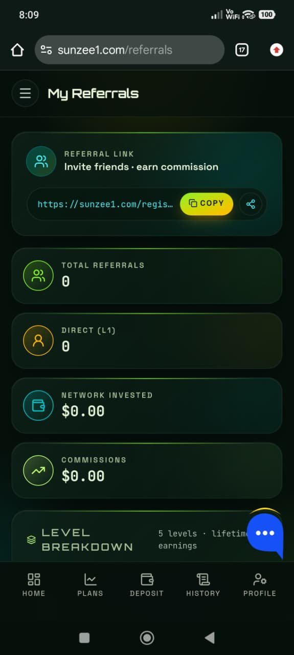 Sunzee1 referral page showing invite link, direct L1 referrals, network invested amount and a five-level breakdown